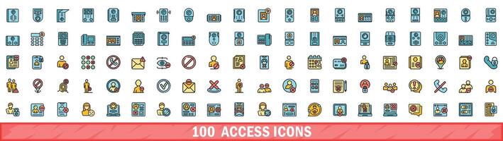 100 access icons set, color line style vector