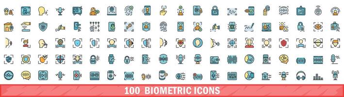 100 biometric icons set, color line style vector