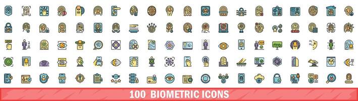 100 biometric icons set, color line style vector