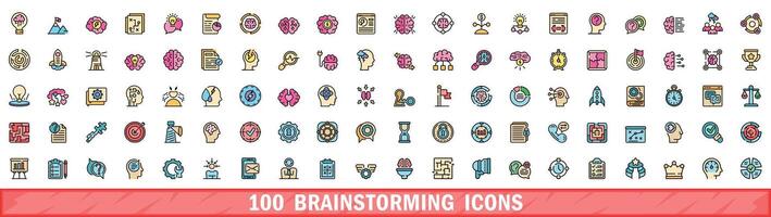 100 brainstorming icons set, color line style vector