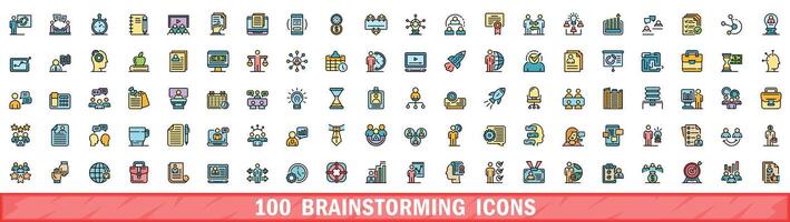 100 brainstorming icons set, color line style vector