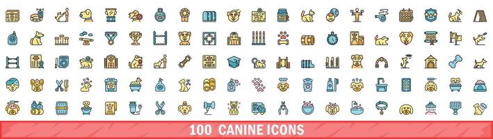 100 canine icons set, color line style vector