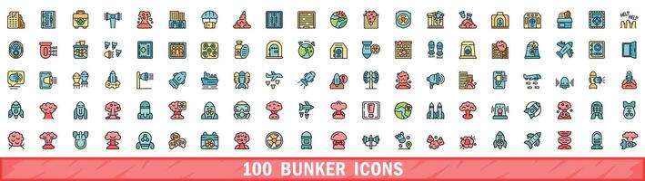 100 bunker icons set, color line style vector
