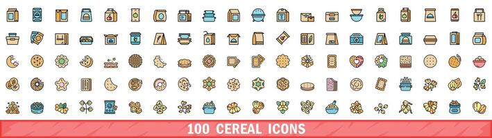 100 cereal icons set, color line style vector
