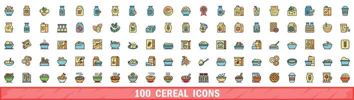 100 cereal icons set, color line style vector