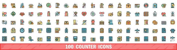 100 counter icons set, color line style vector