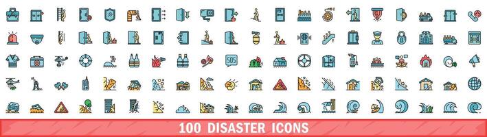 100 disaster icons set, color line style vector