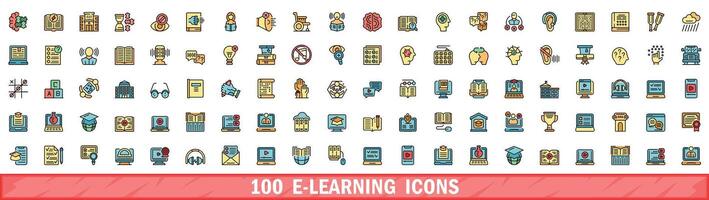 100 e-learning icons set, color line style vector