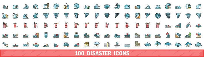 100 disaster icons set, color line style vector