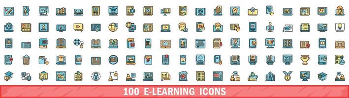 100 e-learning icons set, color line style vector