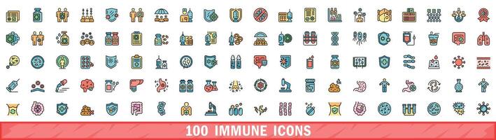 100 immune icons set, color line style vector