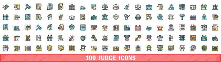 100 judge icons set, color line style vector