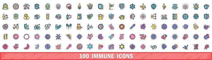 100 immune icons set, color line style vector