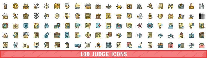 100 judge icons set, color line style vector