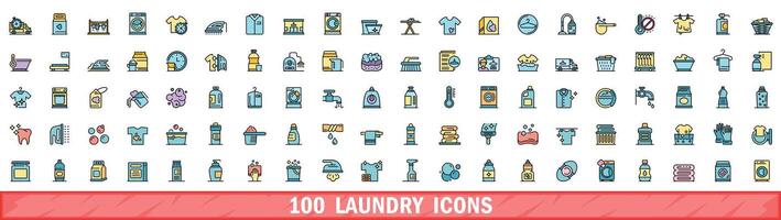 100 laundry icons set, color line style vector