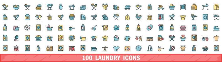 100 laundry icons set, color line style vector