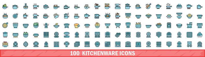 100 kitchenware icons set, color line style vector