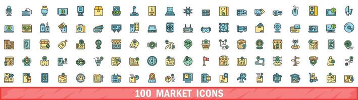 100 market icons set, color line style vector