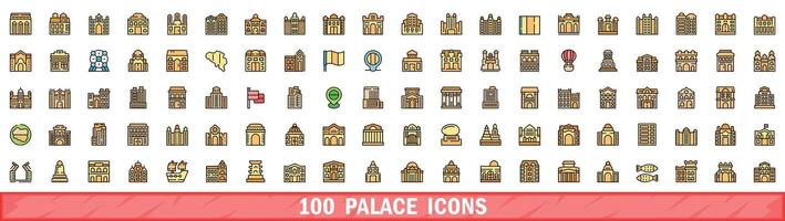 100 palace icons set, color line style vector