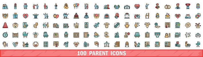 100 parent icons set, color line style vector