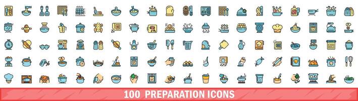 100 preparation icons set, color line style vector