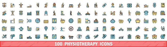 100 physiotherapy icons set, color line style vector