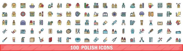 100 polish icons set, color line style vector