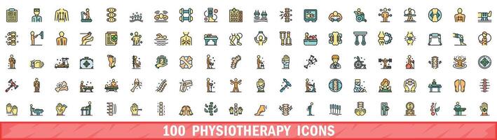 100 physiotherapy icons set, color line style vector