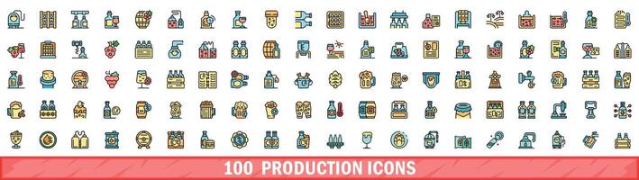 100 production icons set, color line style vector