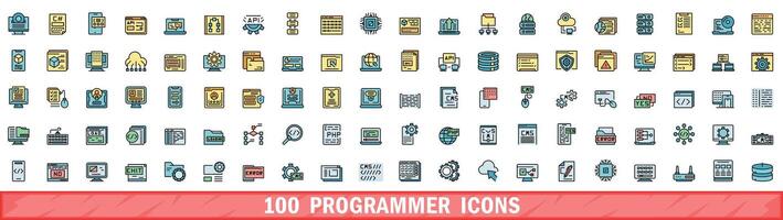 100 programmer icons set, color line style vector