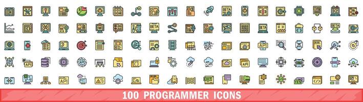 100 programmer icons set, color line style vector