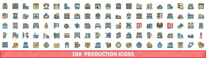 100 production icons set, color line style vector
