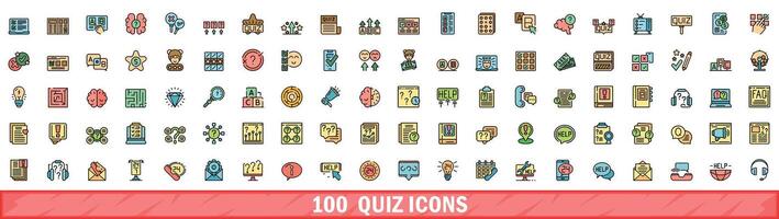100 quiz icons set, color line style vector