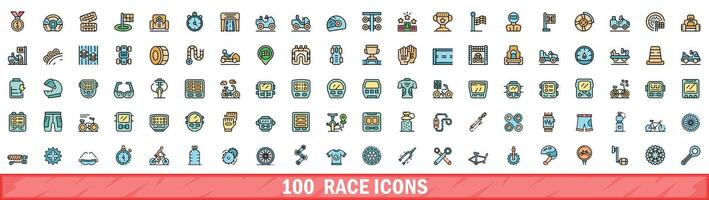 100 race icons set, color line style vector