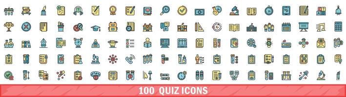 100 quiz icons set, color line style vector