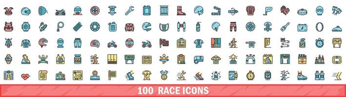 100 race icons set, color line style vector