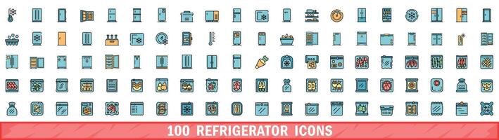 100 refrigerator icons set, color line style vector