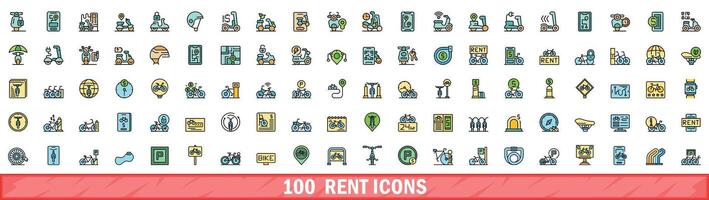 100 rent icons set, color line style vector