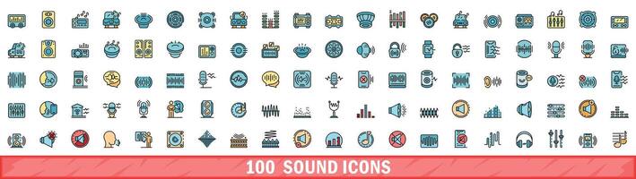 100 sound icons set, color line style vector