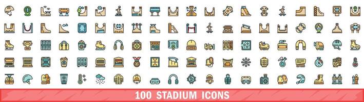 100 stadium icons set, color line style vector