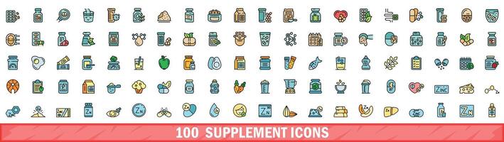 100 supplement icons set, color line style vector