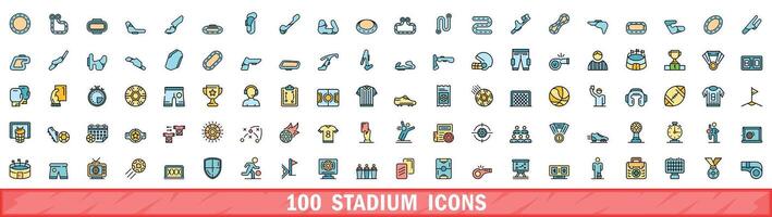 100 stadium icons set, color line style vector