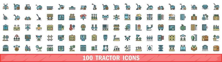 100 tractor icons set, color line style vector