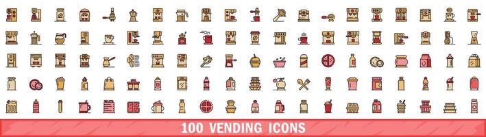 100 vending icons set, color line style vector