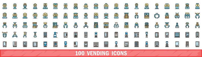 100 vending icons set, color line style vector