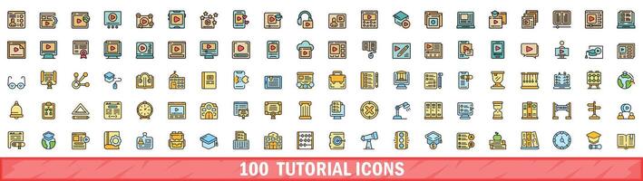 100 tutorial icons set, color line style vector