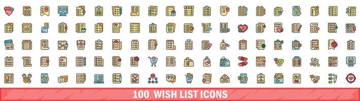 100 wish list icons set, color line style vector
