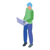Programmer standing using laptop isometric icon vector