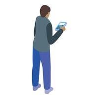 Office worker standing using a smartphone app in isometric view vector