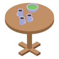 Round table with coffee cups and bowl isometric illustration vector